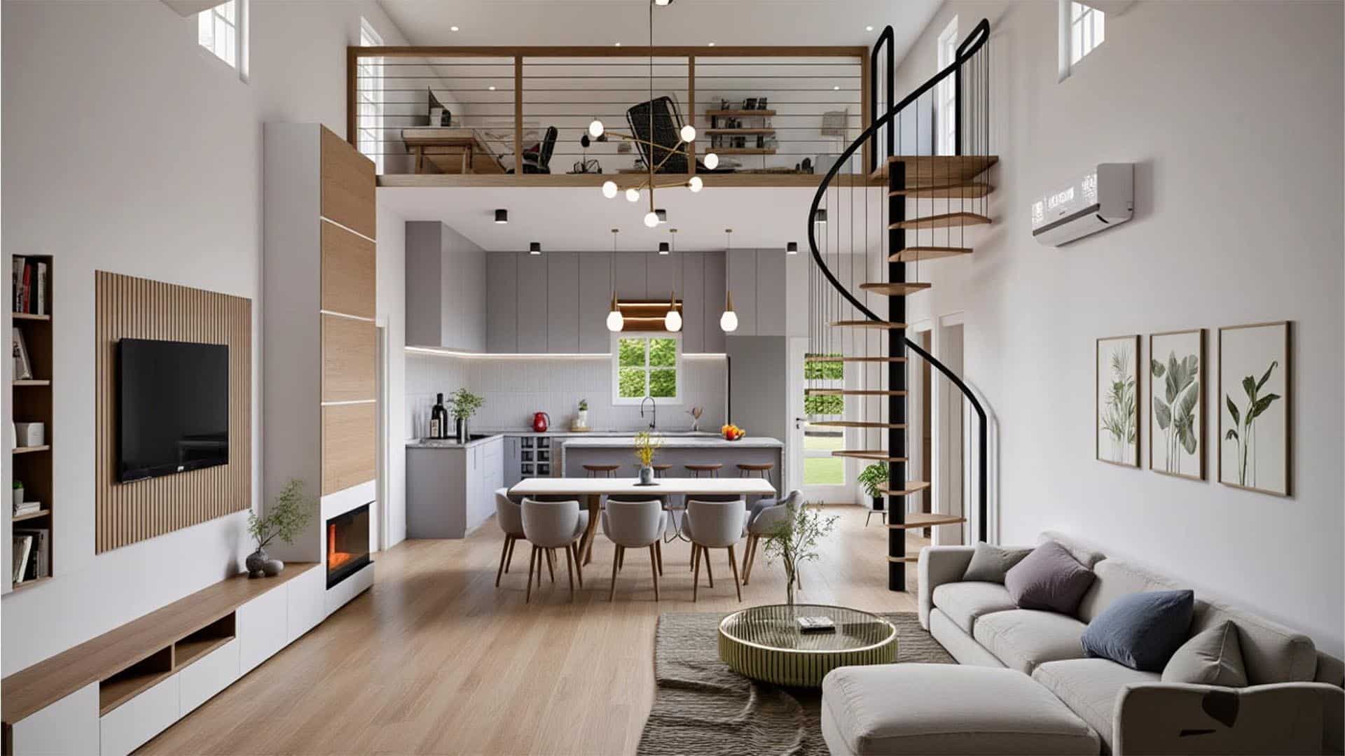 woodland bungalow Living Area with Spiral Staircase 05